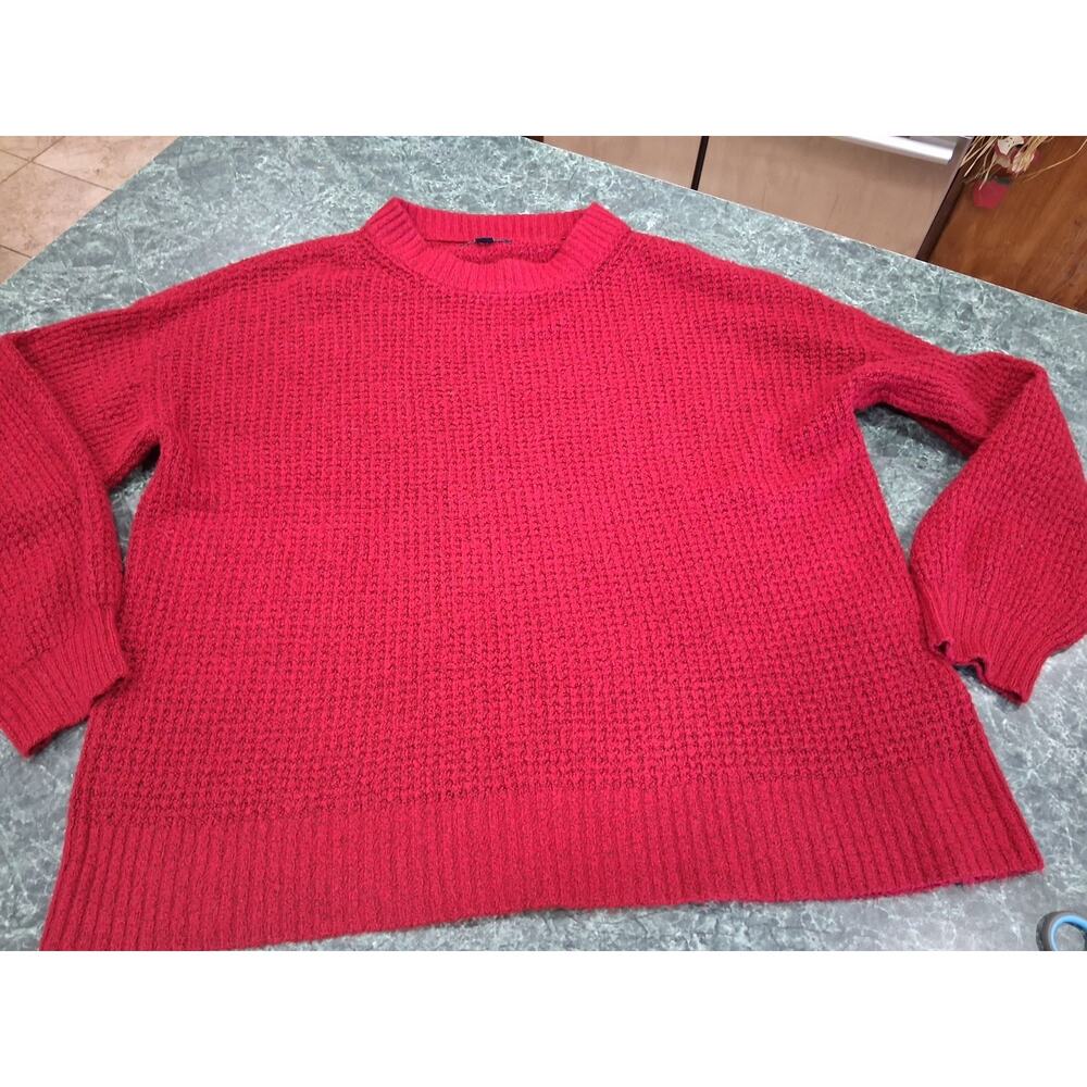 American Eagle Waffle Knit Sweater Red Black Flecks Womens Size Large Soft Cozy